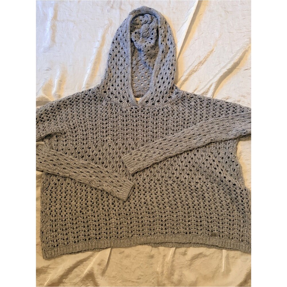 Hollister Light Gray Open-Weave Crochet Crewneck Sweater with hoodie.